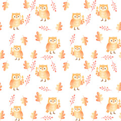 Cute Watercolor Autumn Owl Pattern with Leaves and Branches