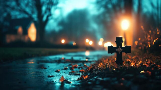 Gloomy, wet night in countryside with lit pathway and wooden cross by roadside