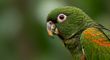 Obraz premium Green macaw parrot tropical rainforest bird close-up macro view. Detailed portrait of a green macaw in lush tropical rainforest.