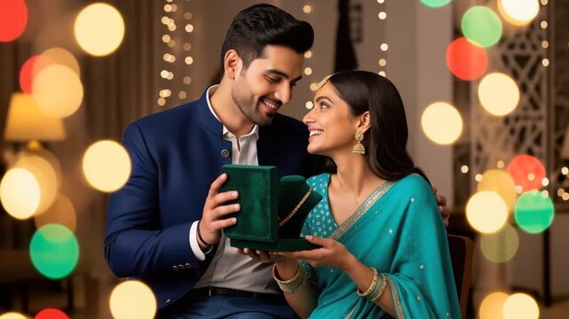 man giving gift to wife on diwali 