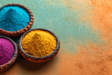 Festive banner, Colorful holi powder in clay bowls on textured background with copy space, space for text