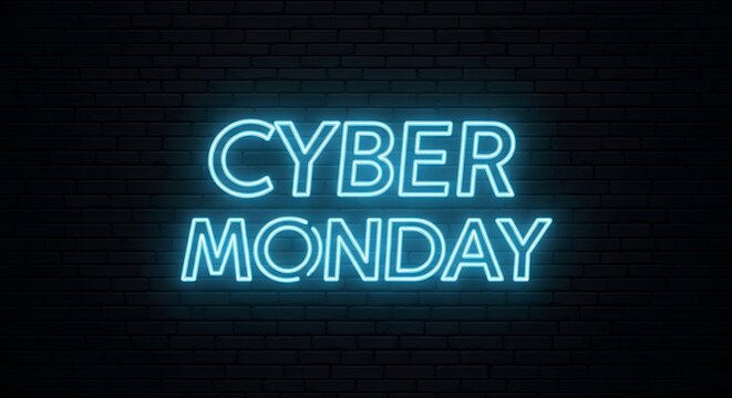 Cyber monday neon sign glowing blue on a dark brick wall, representing online shopping and digital sales events