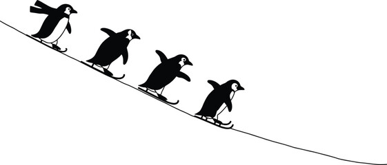 Cute penguins sliding downhill on sleds in winter black and white vector illustration, fun animal activity and cold season concept.