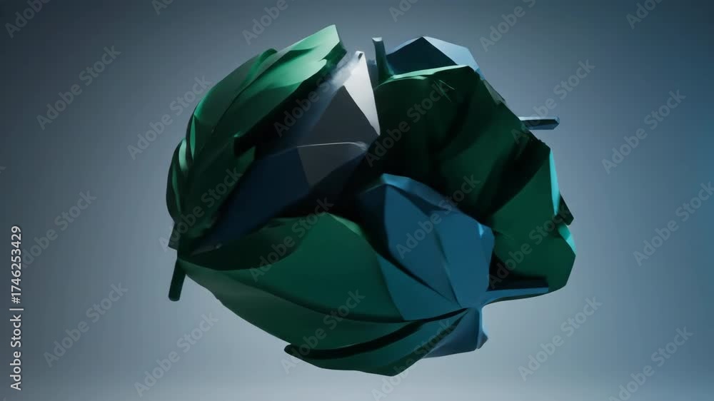 Sticker seamlessly looping video featuring abstract sharp geometric leaf-inspired fragments slowly rotating 