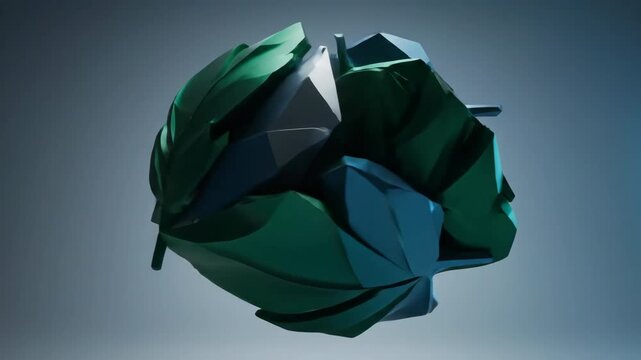 Seamlessly looping video featuring abstract sharp geometric leaf-inspired fragments slowly rotating and assembling into a dynamic futuristic pattern graphic, shapes, origami