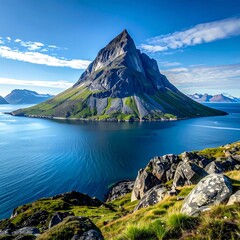 Island peak in a vast blue ocean under a bright sky