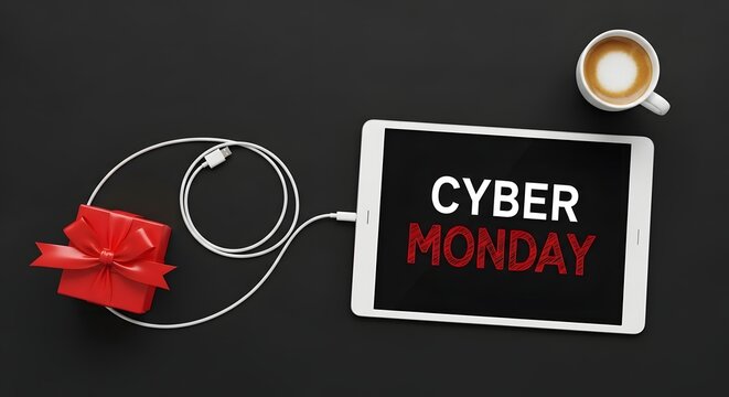 Cyber monday sale concept with a tablet displaying the text cyber monday, a red gift box with a bow, and a cup of coffee on a dark background, top view