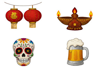 Cultural Icons Lanterns, Diya, Skull, and Beer Mug - Diverse Symbols in a Vector Set