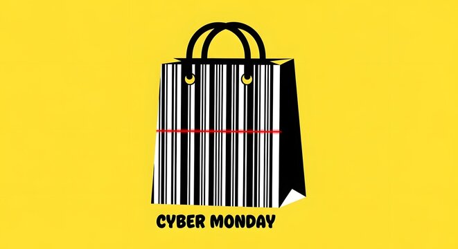Cyber monday shopping bag with barcode pattern and red line, representing online sales and discounts, against a vibrant yellow background