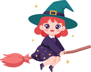 Cute cartoon witch flying on broomstick with stars and sparkles for halloween celebrations isolated on transparent background