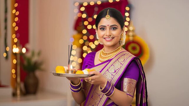 indian woman holding puja thali 