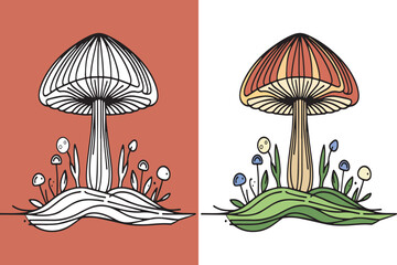 Earthy Colored Toadstool Illustration with Small Plants and Outline.