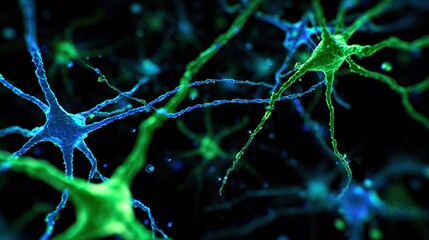 Detailed Neuron Cells Network with Blue and Green Lights