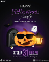 Trick or Treat Happy Halloween party card template with 3D pumpkin, ghost, and lantern on a purple background. 