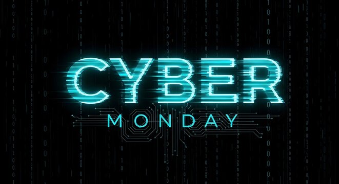 Cyber monday glowing neon text effect with digital glitch and circuit board pattern on a dark background, representing online shopping and sales events - Powered by Adobe