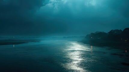 Mystical River at Night: Tranquil Waters Reflecting City Lights