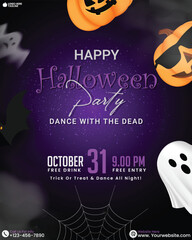 
3D Happy Halloween party celebration social media flyer design vector with ghost, pumpkin, bats on a dark purple background. 