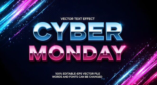 Cyber monday vector text effect with glowing neon lines and sparkles on a dark background, representing online shopping and digital sales events