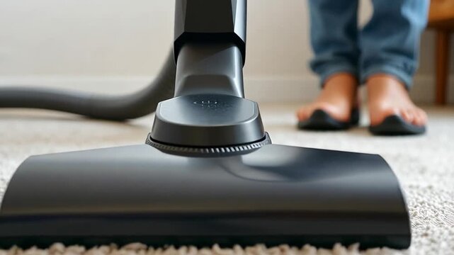 A close-up of a vacuum cleaner nozzle on a carpet. A person's feet in casual footwear are visible in the background, indicating home cleaning activity.