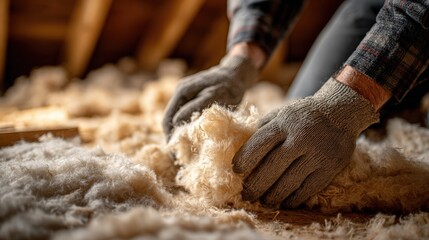 Insulating Attic: Close-up of Hands Installing Fiberglass Batts