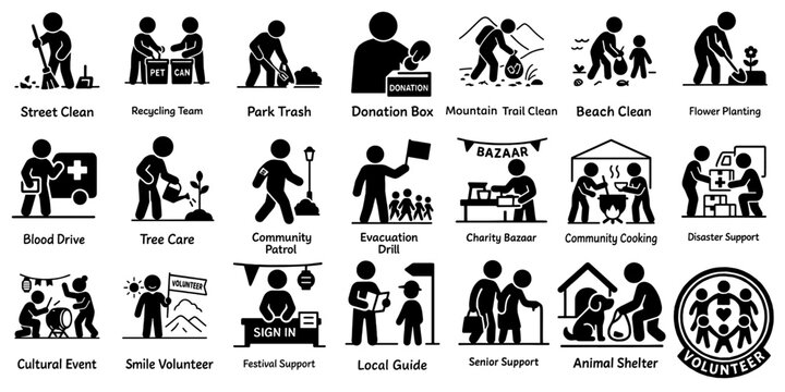 地域ボランティアのピクトグラムセット、Volunteer and Community Activity Pictogram Set
