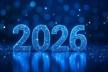 Sparkling Blue 2026 New Year Numbers on Reflective Surface with Glowing Lights and Bokeh Background Isolated on White P N G Download for Social Media Advertisement Banner