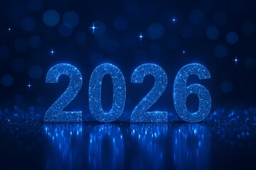 Sparkling Blue 2026 New Year Numbers on Reflective Surface with Glowing Lights and Bokeh Background Isolated on White P N G Download for Social Media Advertisement Banner