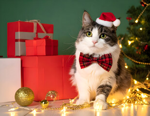 A cute cat wearing a hat and red bow tie sitting beside gifts and decorations on a red background. Perfect for festive holiday and pet-themed designs.
