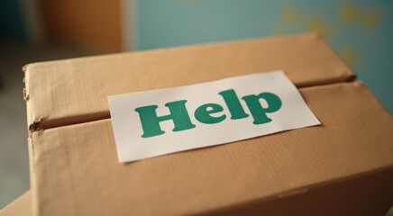 Cardboard box with a sign that says help