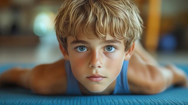 A young boy lying on his stomach on a yoga mat, focused on his exercise routine