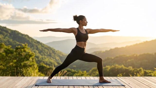 Warrior II Pose Black woman practicing yoga outdoors at sunrise with nature  fitness.