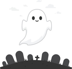Cute cartoon ghost floating above halloween graveyard with clouds isolated on transparent background