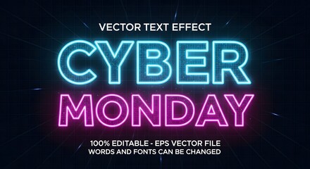 Cyber monday vector text effect with glowing neon blue and pink typography on a dark, futuristic background with digital grid lines and particles