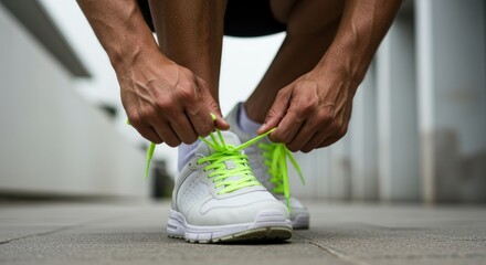 Closeup of person tying bright green shoelaces on white sneakers