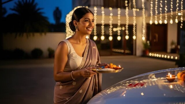 indian woman holding oil lamp plate on diwali