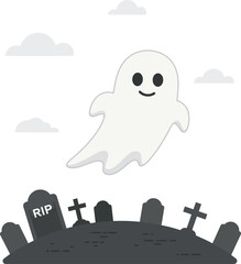Cute cartoon ghost floats over spooky graveyard with clouds halloween theme isolated on transparent background