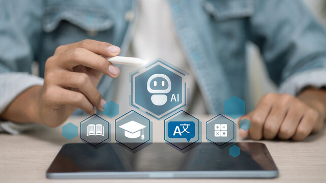 AI Tutor and Learning Icons Above Tablet with Stylus, Student Using EdTech