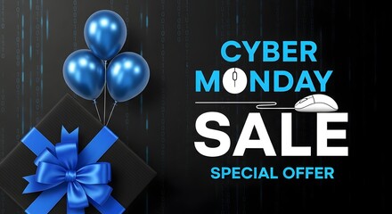 Cyber monday sale special offer with gift box and balloons, digital marketing and online shopping concept