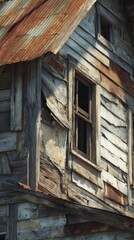 Dilapidated Abandoned House Exterior - Weathered Wood and Rusty Tin Roof