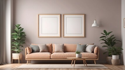 Elegant Light Living Room Decor with Framed Wall Art Mockup. 