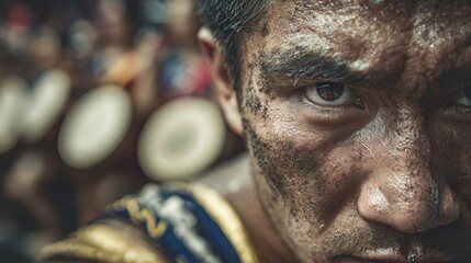 Concentrated Muay Thai Boxer: Close-Up of Determined Athlete Before Fight
