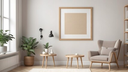 Pastel Themed Living Room with Empty Wooden Frame for Mockup. Elegant Light Living Room Decor with Framed Wall Art Mockup