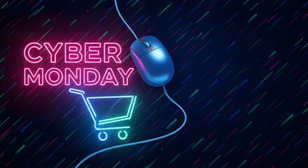 Cyber monday neon sign with shopping cart icon and computer mouse, representing online shopping and digital sales events