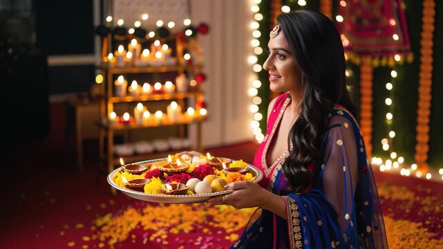 indian woman holding oil lamp plate on diwali