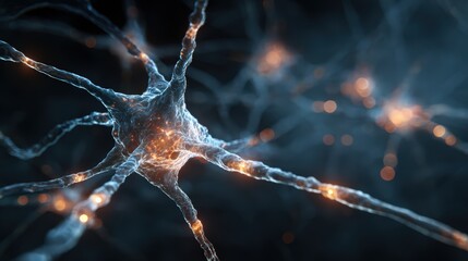Neuron Close-up: Neural Network, Brain Cell with Electrical Impulses Visualized in 3D