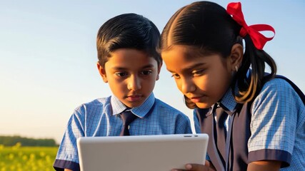 Indian rural school boy and girl using laptop  - Powered by Adobe