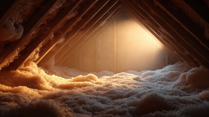 Attic with New Insulation Illuminated by Glowing Sunset. Warm Insulation