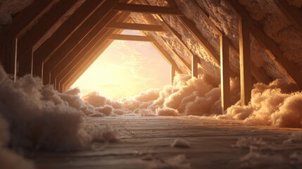 Attic Insulation with Evening Light. Energy Efficiency and Home Renovation
