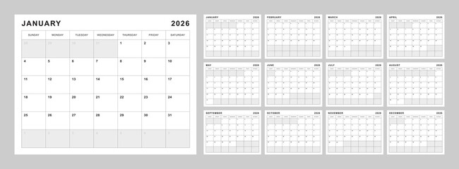 Monthly calendar layout for 2026 year. Diary planner for 2026 year. Week Starts on Sunday. Printable Letter size in black and white.