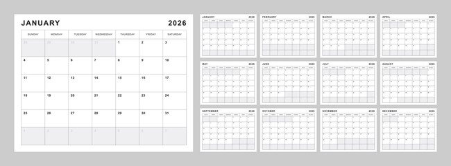 Monthly calendar layout for 2026 year. Diary planner for 2026 year. Week Starts on Sunday. Printable Letter size in black and white.